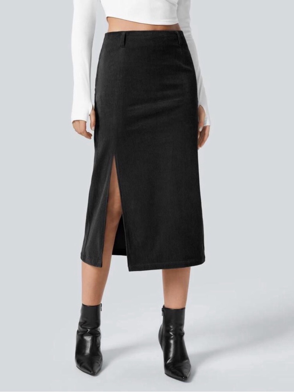 HALARA Black Corduroy Midi Pencil Skirt with Side Slit